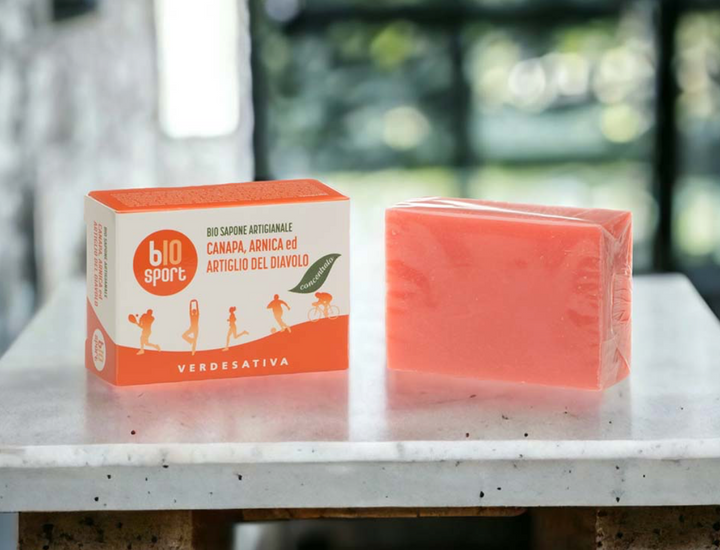 Jabón sólido concentrado orgánico de cáñamo, árnica y harpagofito 100g