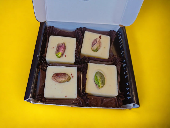 Chocolates blancos azafrán limón y pistacho Bronte DOP 85g