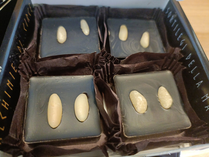Chocolates negros 83% kumquat y piñones 85 g