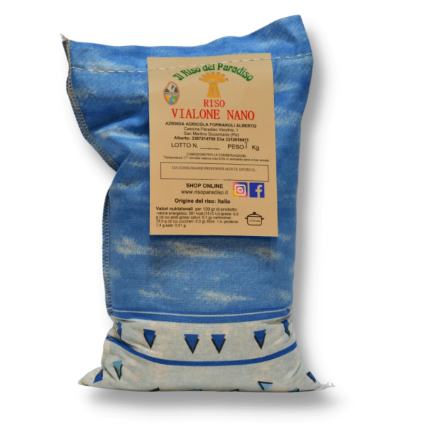 Arroz Vialone Nano en una bolsa de lona.