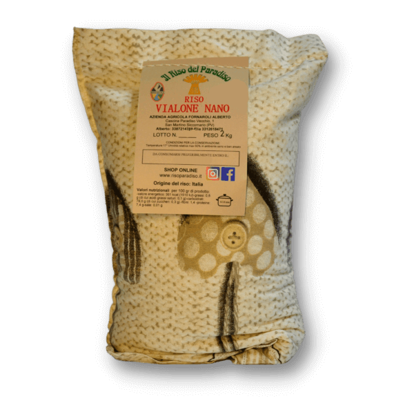 Arroz Vialone Nano en una bolsa de lona.