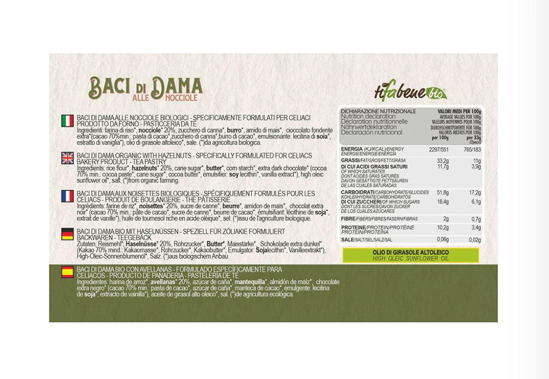 Baci di Dama biologici alle nocciole senza glutine 200g TiFaBeneBio