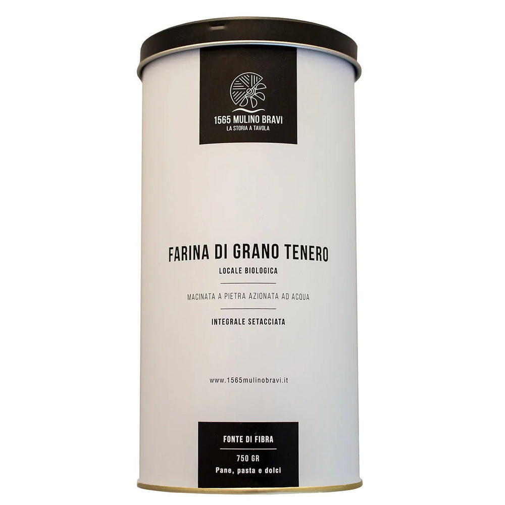 Farina integrale di grano tenero bio setacciata in latta 4x750g (Conf.regalo) 1565 Mulino Bravi