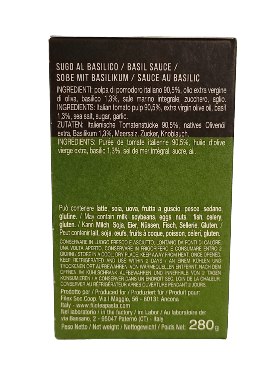Salsa per pasta al pomodoro e basilico 280g Filotea